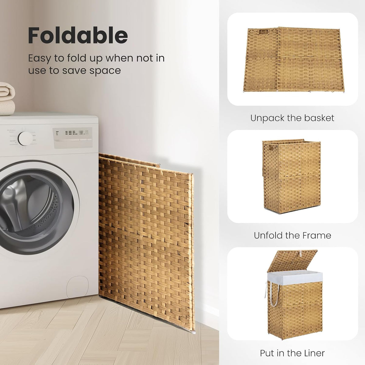 DUMOS Woven Laundry Basket with Lid, 90L Large Capacity Hamper, Removable & Machine-Washable Liner, Foldable Rattan Clothes Hamper, Sturdy Steel Frame, Odor Control, Dove Gray