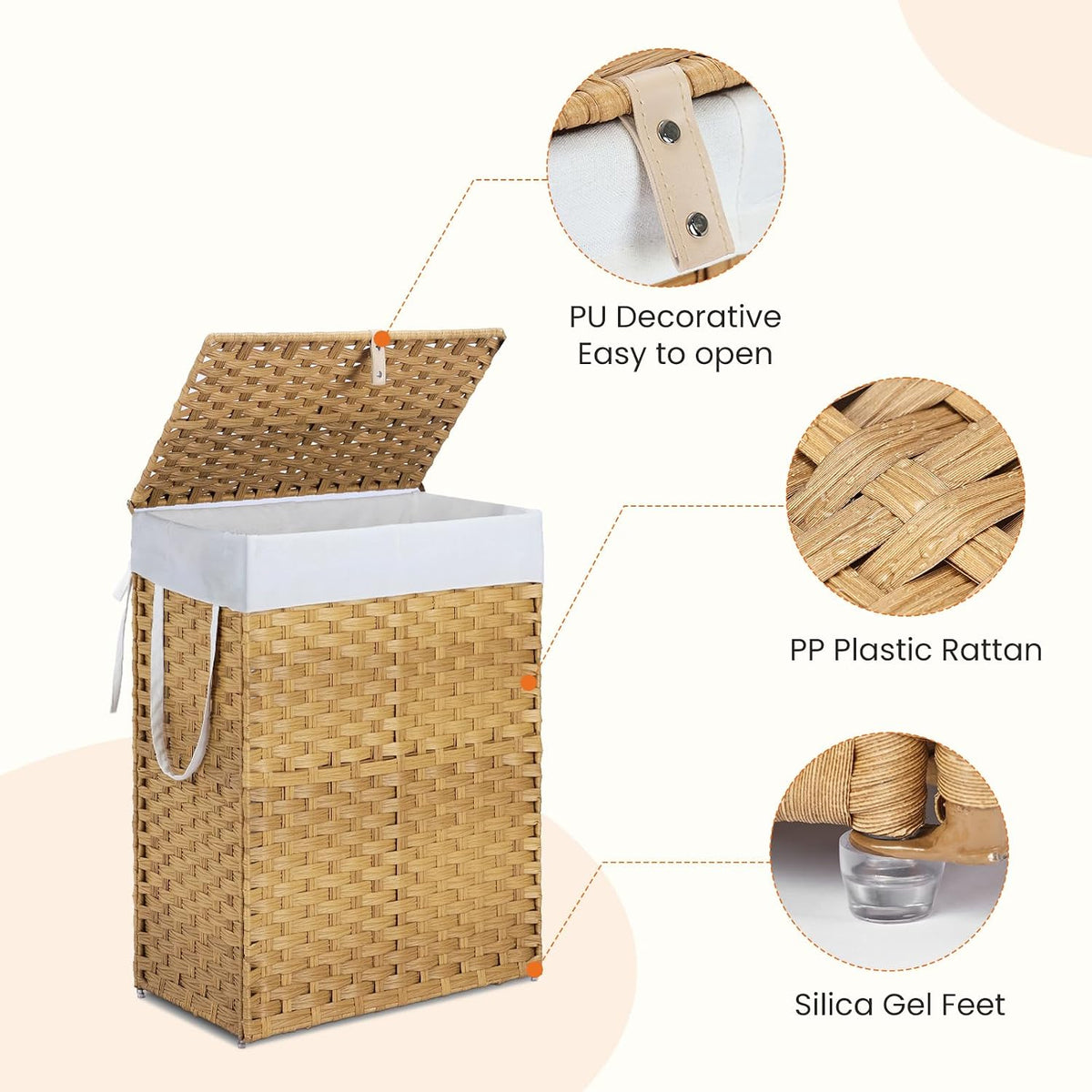 DUMOS Woven Laundry Basket with Lid, 90L Large Capacity Hamper, Removable & Machine-Washable Liner, Foldable Rattan Clothes Hamper, Sturdy Steel Frame, Odor Control, Dove Gray