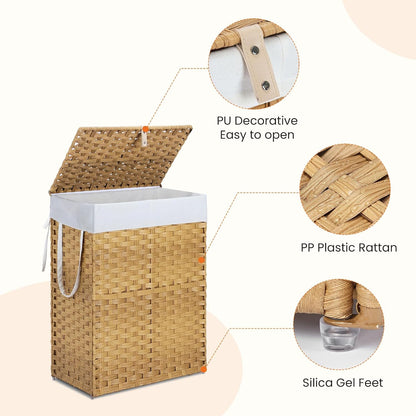 DUMOS Woven Laundry Basket with Lid, 90L Large Capacity Hamper, Removable & Machine-Washable Liner, Foldable Rattan Clothes Hamper, Sturdy Steel Frame, Odor Control, Dove Gray