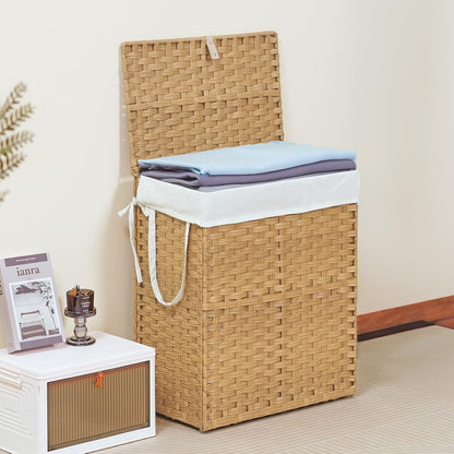 DUMOS Woven Laundry Basket with Lid, 90L Large Capacity Hamper, Removable & Machine-Washable Liner, Foldable Rattan Clothes Hamper, Sturdy Steel Frame, Odor Control, Dove Gray