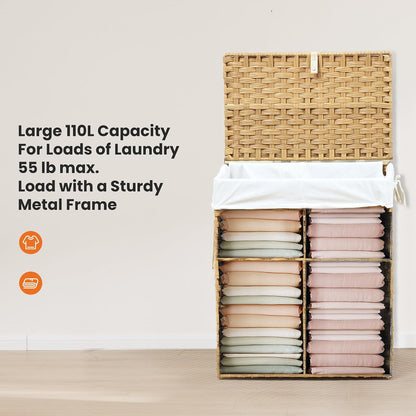 DUMOS Woven Laundry Basket with Lid, 90L Large Capacity Hamper, Removable & Machine-Washable Liner, Foldable Rattan Clothes Hamper, Sturdy Steel Frame, Odor Control, Dove Gray