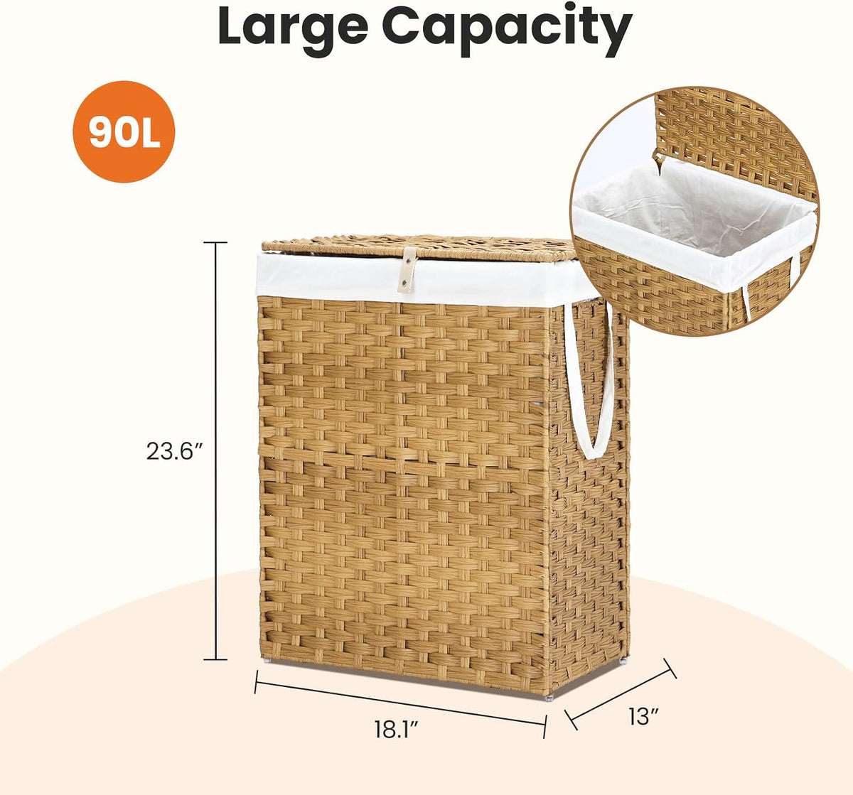 DUMOS Woven Laundry Basket with Lid, 90L Large Capacity Hamper, Removable & Machine-Washable Liner, Foldable Rattan Clothes Hamper, Sturdy Steel Frame, Odor Control, Dove Gray
