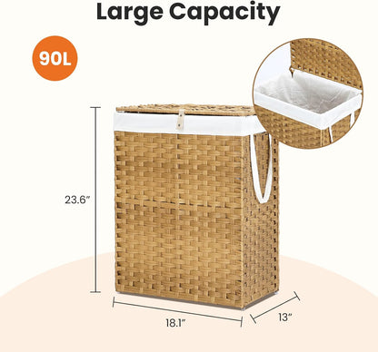 DUMOS Woven Laundry Basket with Lid, 90L Large Capacity Hamper, Removable & Machine-Washable Liner, Foldable Rattan Clothes Hamper, Sturdy Steel Frame, Odor Control, Dove Gray