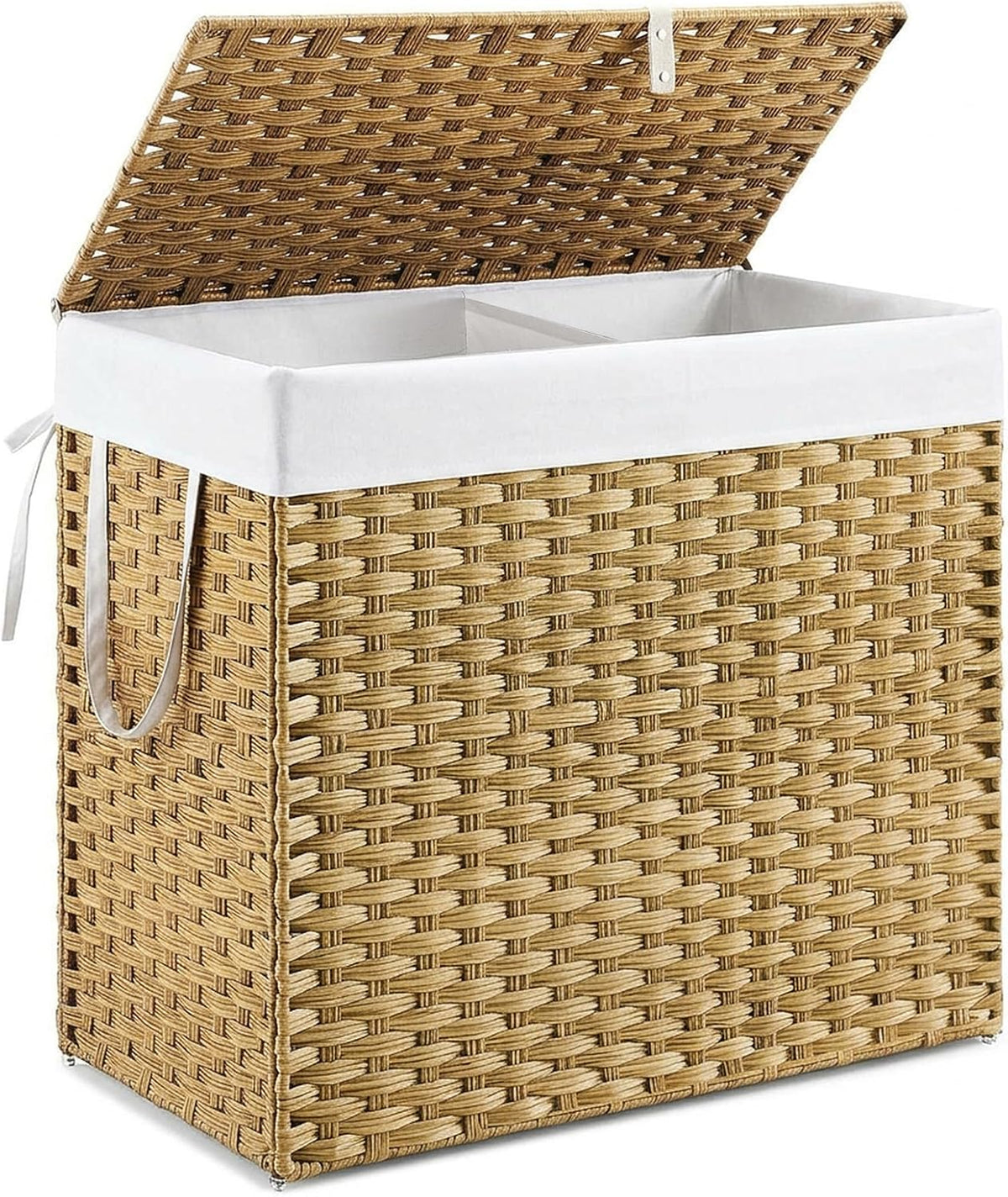 DUMOS Woven Laundry Basket with Lid, 90L Large Capacity Hamper, Removable & Machine-Washable Liner, Foldable Rattan Clothes Hamper, Sturdy Steel Frame, Odor Control, Dove Gray