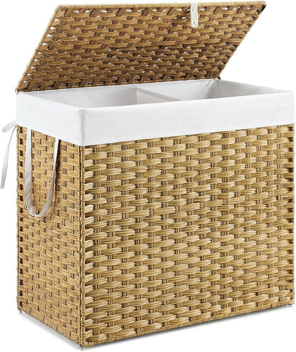 DUMOS Woven Laundry Basket with Lid, 90L Large Capacity Hamper, Removable & Machine-Washable Liner, Foldable Rattan Clothes Hamper, Sturdy Steel Frame, Odor Control, Dove Gray