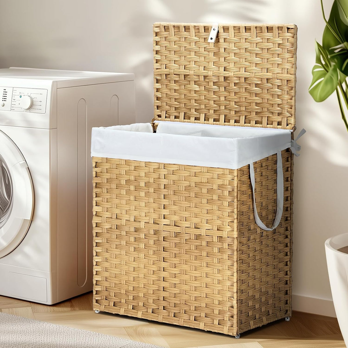 DUMOS Woven Laundry Basket with Lid, 90L Large Capacity Hamper, Removable & Machine-Washable Liner, Foldable Rattan Clothes Hamper, Sturdy Steel Frame, Odor Control, Dove Gray