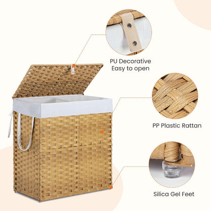 DUMOS Woven Laundry Basket with Lid, 90L Large Capacity Hamper, Removable & Machine-Washable Liner, Foldable Rattan Clothes Hamper, Sturdy Steel Frame, Odor Control, Dove Gray