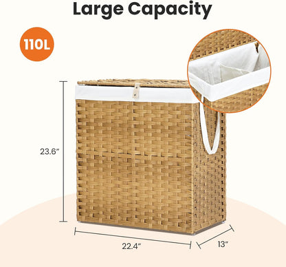 DUMOS Woven Laundry Basket with Lid, 90L Large Capacity Hamper, Removable & Machine-Washable Liner, Foldable Rattan Clothes Hamper, Sturdy Steel Frame, Odor Control, Dove Gray