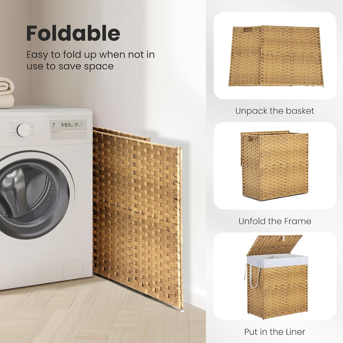 DUMOS Woven Laundry Basket with Lid, 90L Large Capacity Hamper, Removable & Machine-Washable Liner, Foldable Rattan Clothes Hamper, Sturdy Steel Frame, Odor Control, Dove Gray