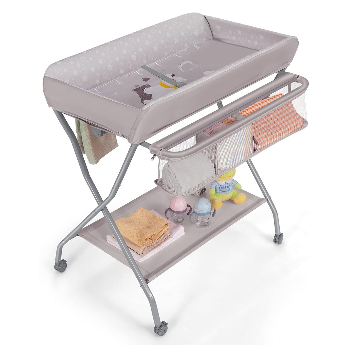 Portable Changing Table, Mobile Baby Changing Table with Wheels, Safety Belt, Large Storage Basket, Rack & Shelf, Folding Diaper Changing Station Nursery Organizer for Infant Newborn (Gray)