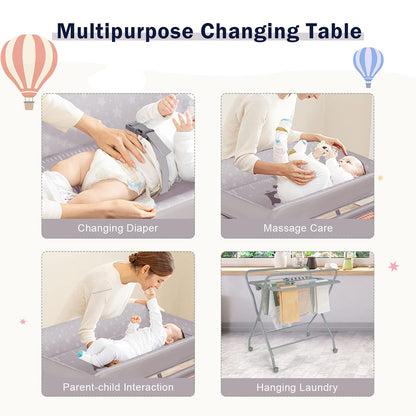 Portable Changing Table, Mobile Baby Changing Table with Wheels, Safety Belt, Large Storage Basket, Rack & Shelf, Folding Diaper Changing Station Nursery Organizer for Infant Newborn (Gray)