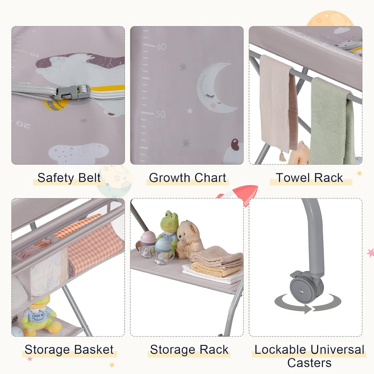 Portable Changing Table, Mobile Baby Changing Table with Wheels, Safety Belt, Large Storage Basket, Rack & Shelf, Folding Diaper Changing Station Nursery Organizer for Infant Newborn (Gray)