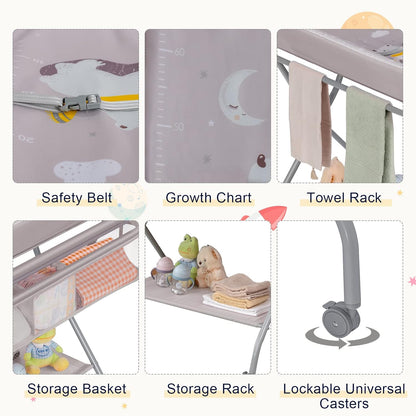 Portable Changing Table, Mobile Baby Changing Table with Wheels, Safety Belt, Large Storage Basket, Rack & Shelf, Folding Diaper Changing Station Nursery Organizer for Infant Newborn (Gray)