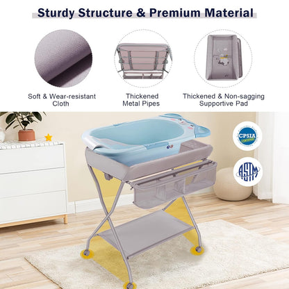 Portable Changing Table, Mobile Baby Changing Table with Wheels, Safety Belt, Large Storage Basket, Rack & Shelf, Folding Diaper Changing Station Nursery Organizer for Infant Newborn (Gray)