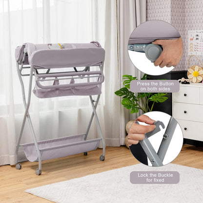 Portable Changing Table, Mobile Baby Changing Table with Wheels, Safety Belt, Large Storage Basket, Rack & Shelf, Folding Diaper Changing Station Nursery Organizer for Infant Newborn (Gray)