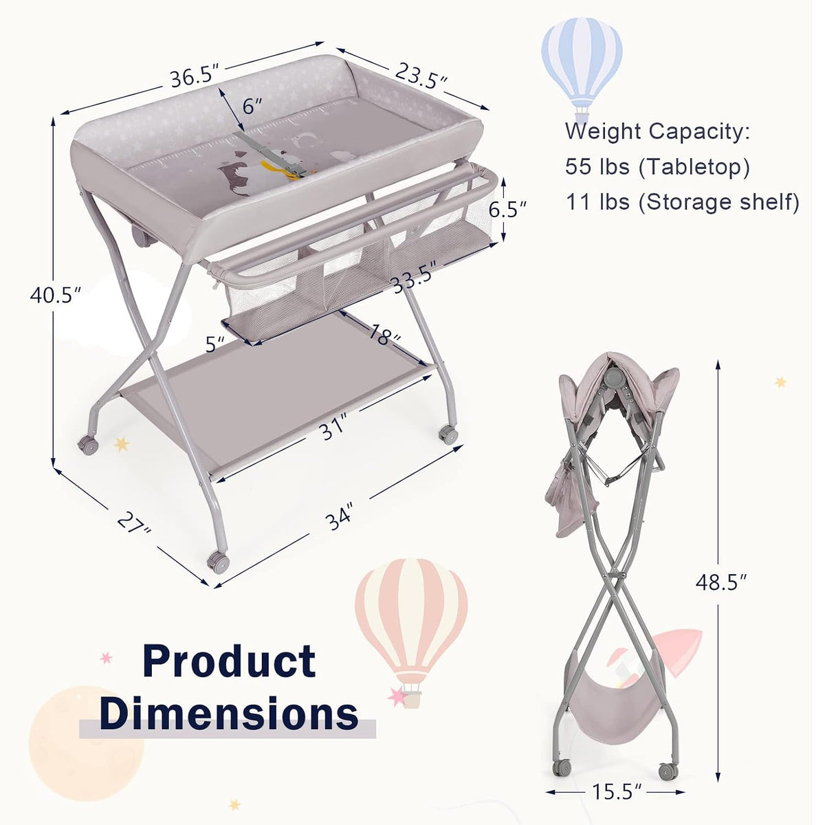 Portable Changing Table, Mobile Baby Changing Table with Wheels, Safety Belt, Large Storage Basket, Rack & Shelf, Folding Diaper Changing Station Nursery Organizer for Infant Newborn (Gray)