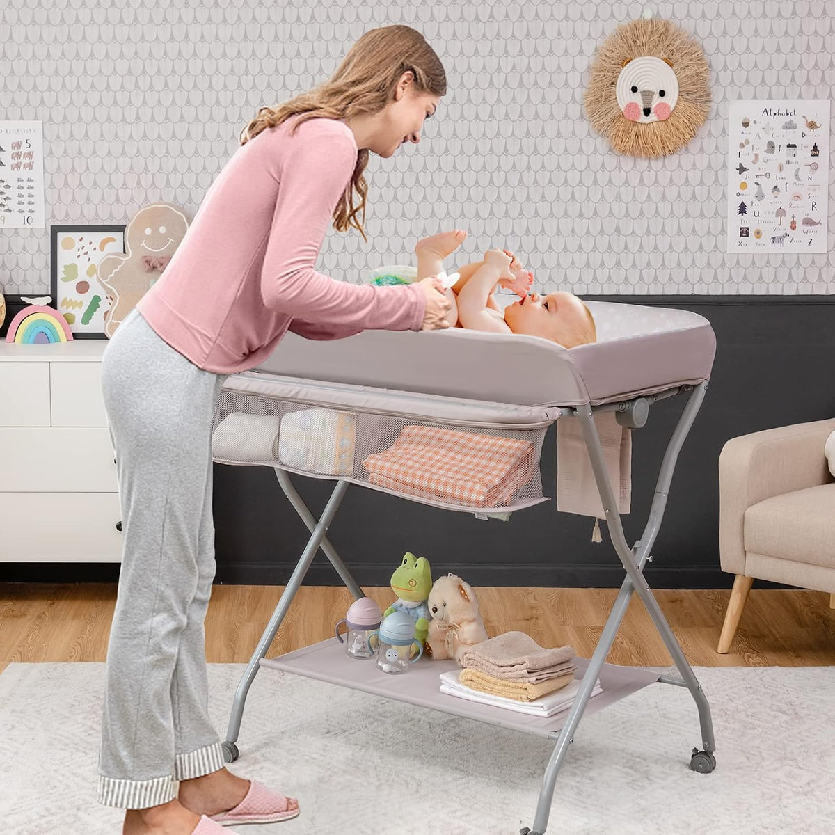 Portable Changing Table, Mobile Baby Changing Table with Wheels, Safety Belt, Large Storage Basket, Rack & Shelf, Folding Diaper Changing Station Nursery Organizer for Infant Newborn (Gray)