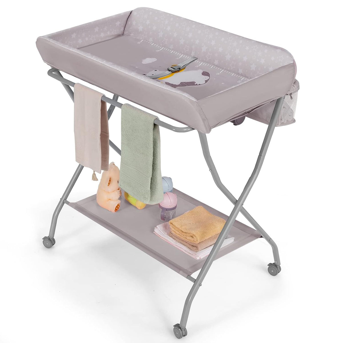 Portable Changing Table, Mobile Baby Changing Table with Wheels, Safety Belt, Large Storage Basket, Rack & Shelf, Folding Diaper Changing Station Nursery Organizer for Infant Newborn (Gray)