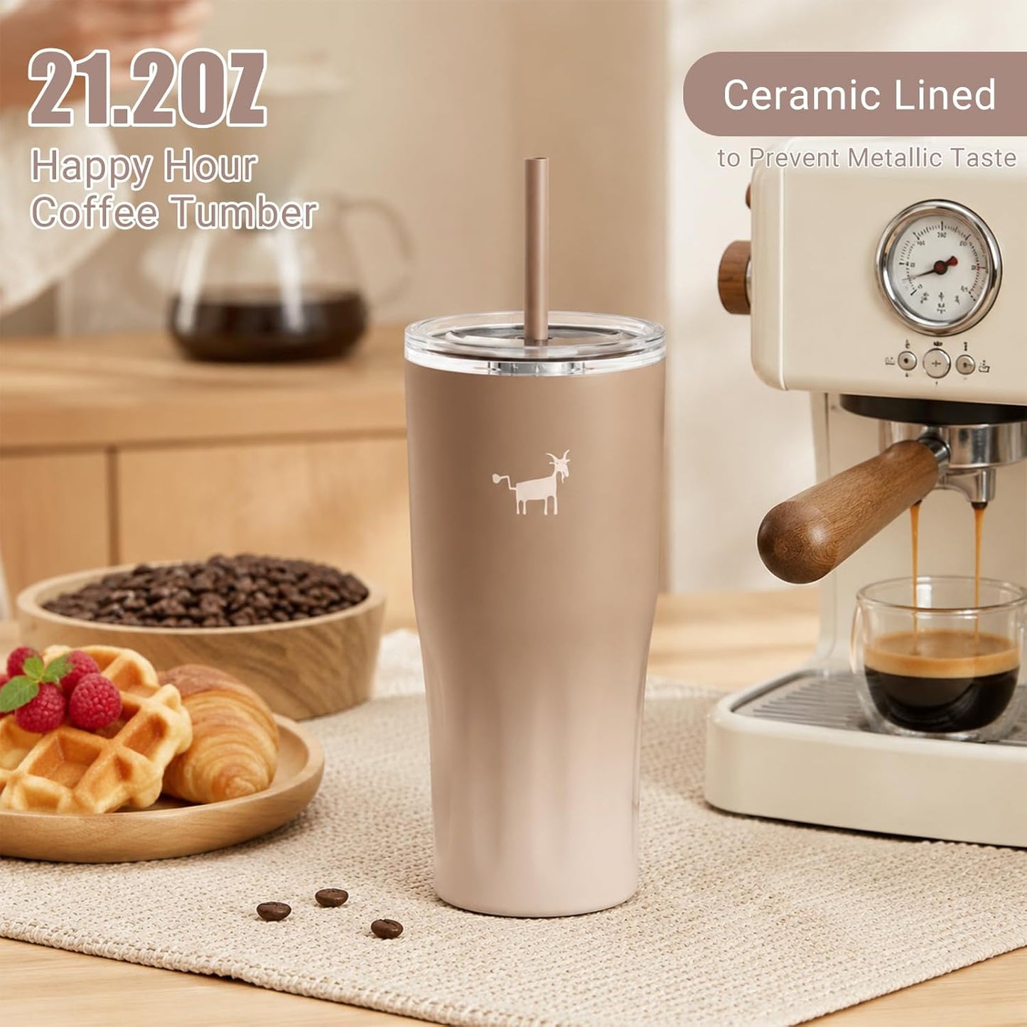 Ceramic Lined Coffee Travel Mug – Stainless Steel Travel Coffee Tumbler with Ceramic Liner, with lid, 21 OZ Cup for Hot and Cold Water Coffee at Home, Office, or On the Go (Latte Ombre)