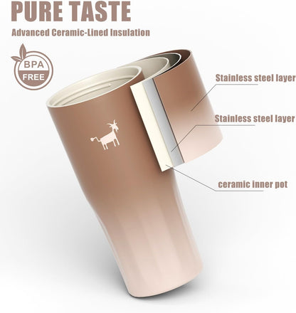Ceramic Lined Coffee Travel Mug – Stainless Steel Travel Coffee Tumbler with Ceramic Liner, with lid, 21 OZ Cup for Hot and Cold Water Coffee at Home, Office, or On the Go (Latte Ombre)
