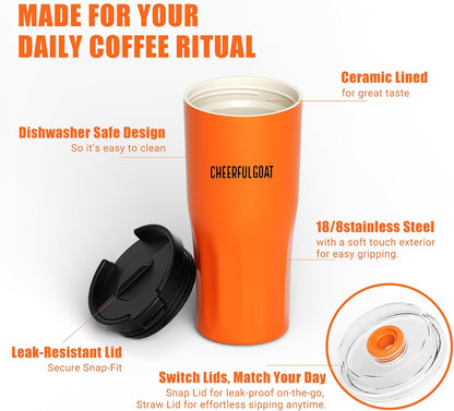 Ceramic Lined Coffee Travel Mug – Stainless Steel Travel Coffee Tumbler with Ceramic Liner, with lid, 21 OZ Cup for Hot and Cold Water Coffee at Home, Office, or On the Go (Latte Ombre)