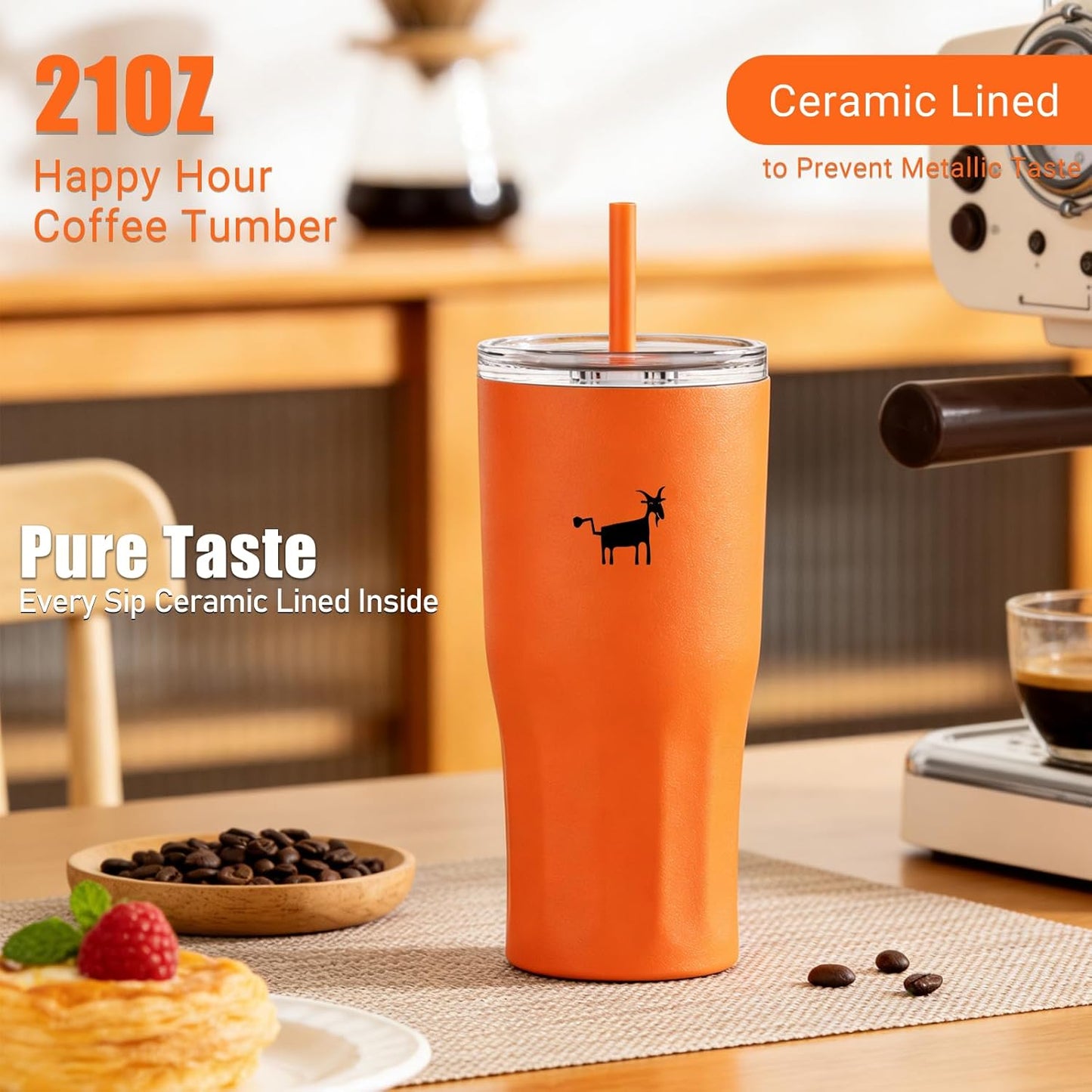 Ceramic Lined Coffee Travel Mug – Stainless Steel Travel Coffee Tumbler with Ceramic Liner, with lid, 21 OZ Cup for Hot and Cold Water Coffee at Home, Office, or On the Go (Latte Ombre)