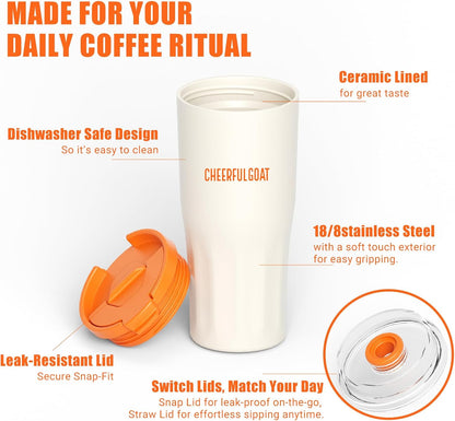 Ceramic Lined Coffee Travel Mug – Stainless Steel Travel Coffee Tumbler with Ceramic Liner, with lid, 21 OZ Cup for Hot and Cold Water Coffee at Home, Office, or On the Go (Latte Ombre)
