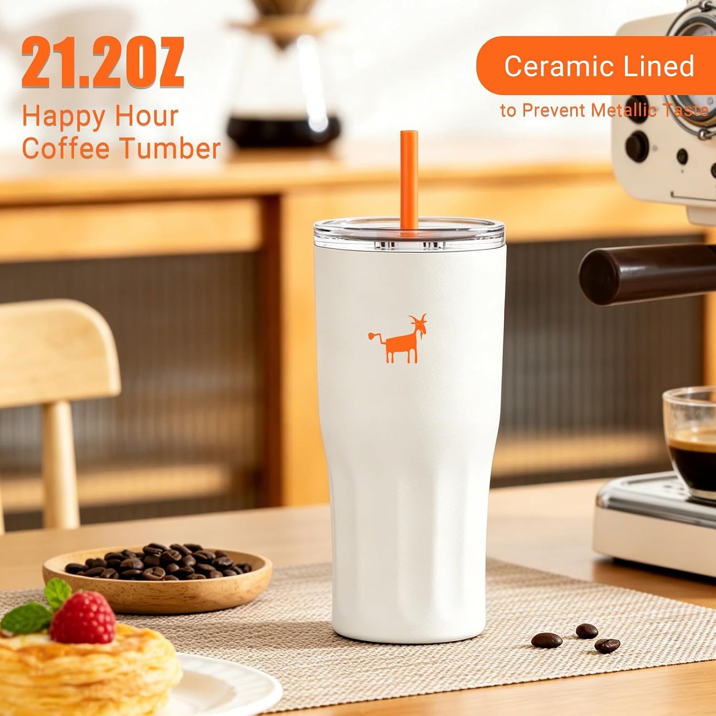 Ceramic Lined Coffee Travel Mug – Stainless Steel Travel Coffee Tumbler with Ceramic Liner, with lid, 21 OZ Cup for Hot and Cold Water Coffee at Home, Office, or On the Go (Latte Ombre)
