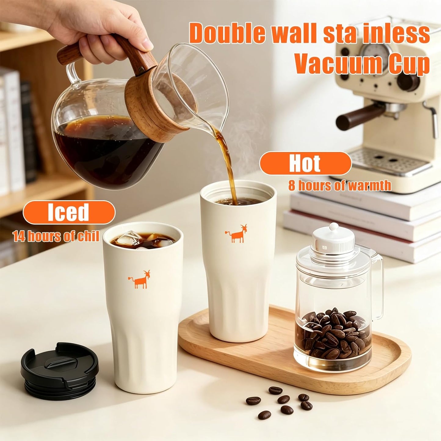 Ceramic Lined Coffee Travel Mug – Stainless Steel Travel Coffee Tumbler with Ceramic Liner, with lid, 21 OZ Cup for Hot and Cold Water Coffee at Home, Office, or On the Go (Latte Ombre)