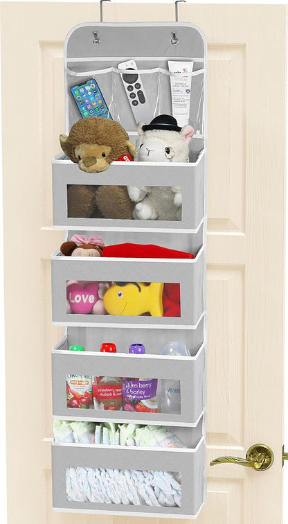 5 Clear Window Pocket Over Door Hanging Organizer, Gray
