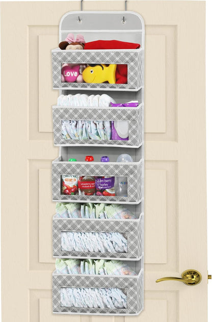 5 Clear Window Pocket Over Door Hanging Organizer, Gray