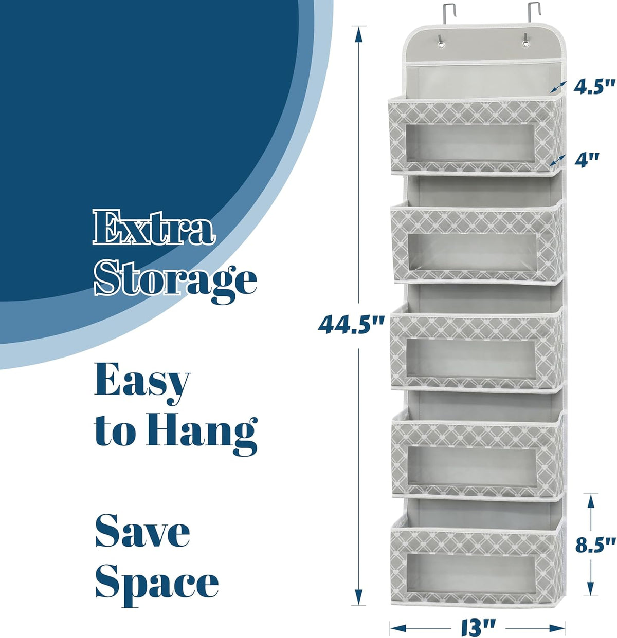 5 Clear Window Pocket Over Door Hanging Organizer, Gray