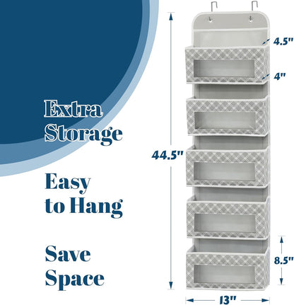 5 Clear Window Pocket Over Door Hanging Organizer, Gray