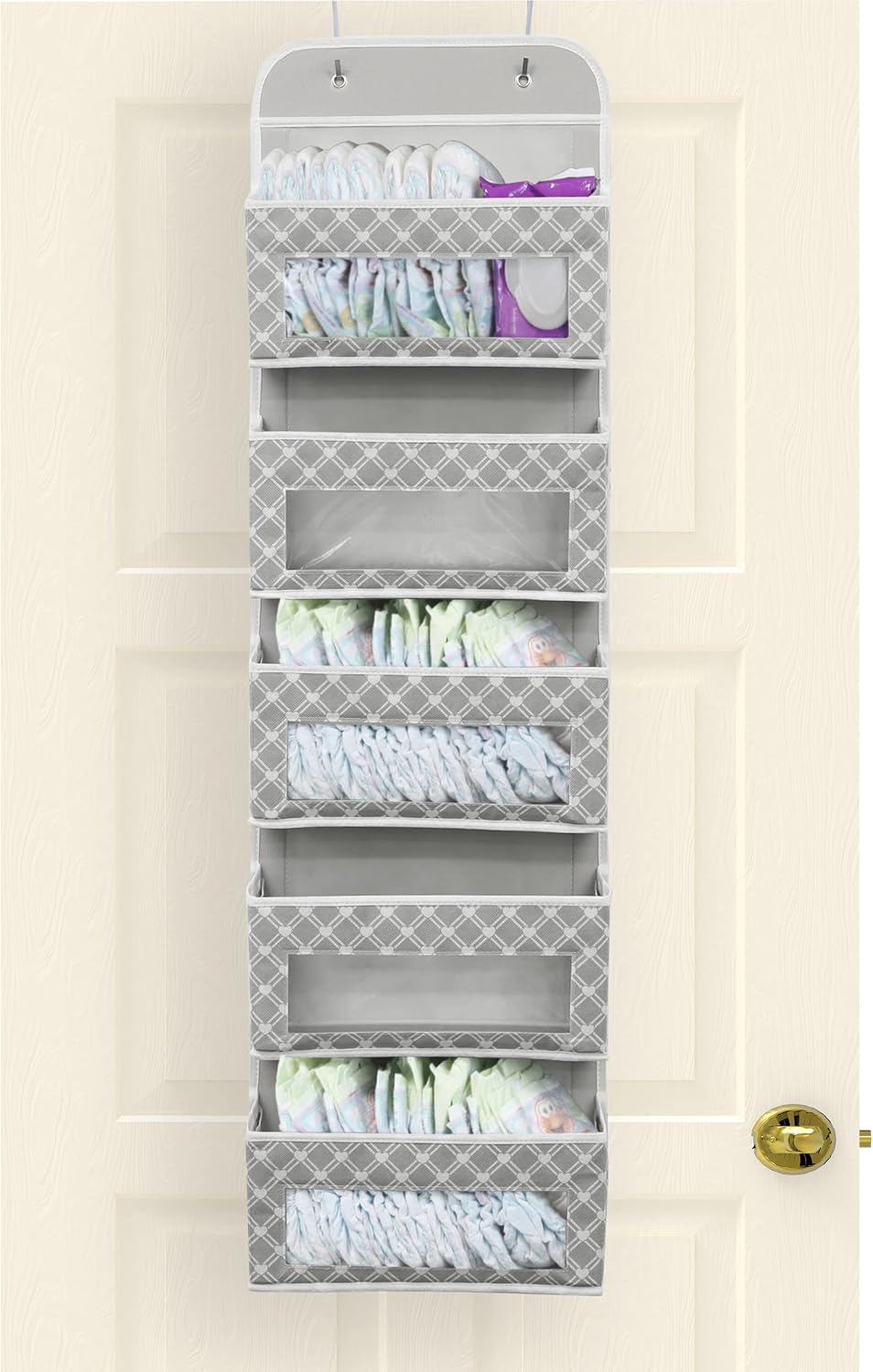 5 Clear Window Pocket Over Door Hanging Organizer, Gray