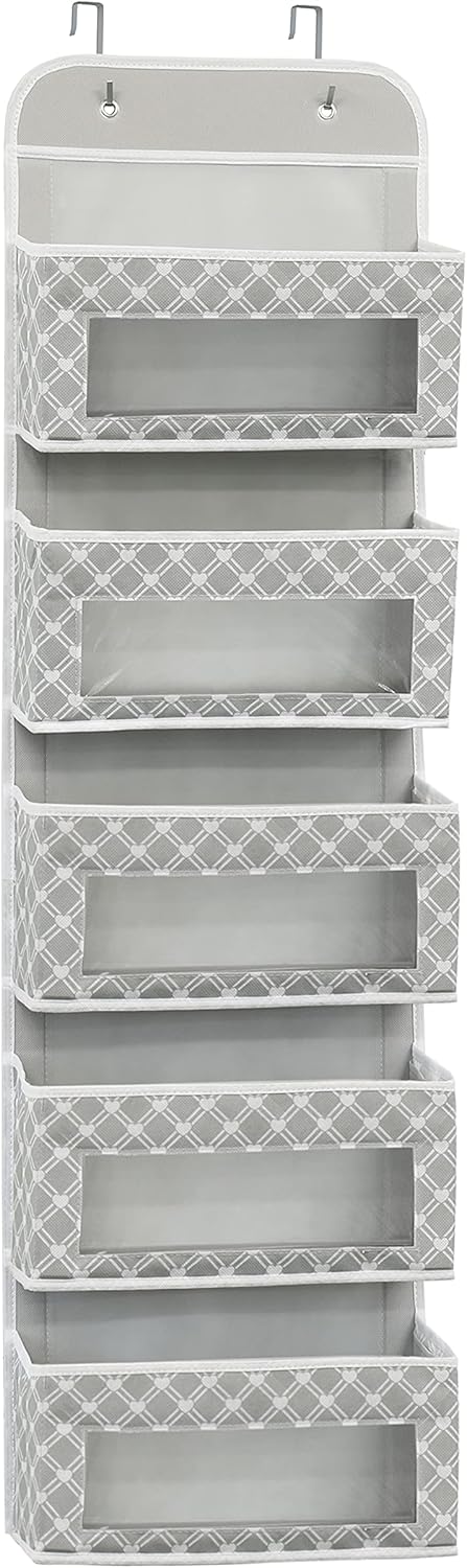 5 Clear Window Pocket Over Door Hanging Organizer, Gray
