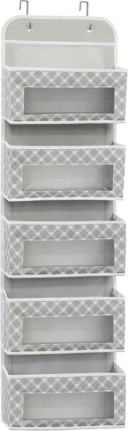 5 Clear Window Pocket Over Door Hanging Organizer, Gray