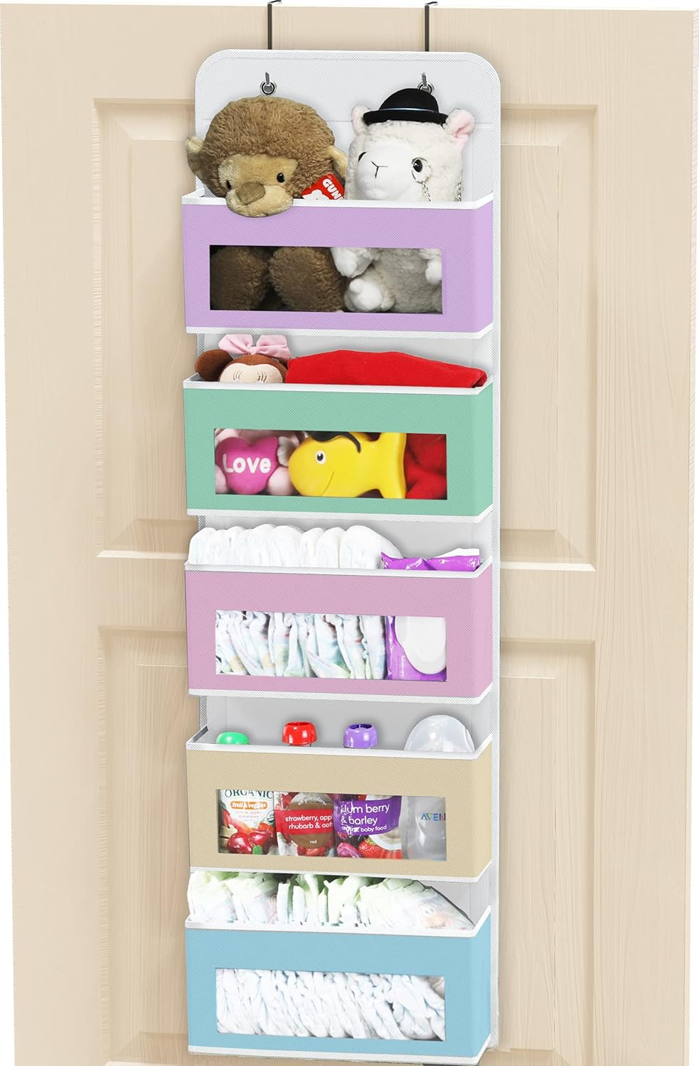5 Clear Window Pocket Over Door Hanging Organizer, Gray