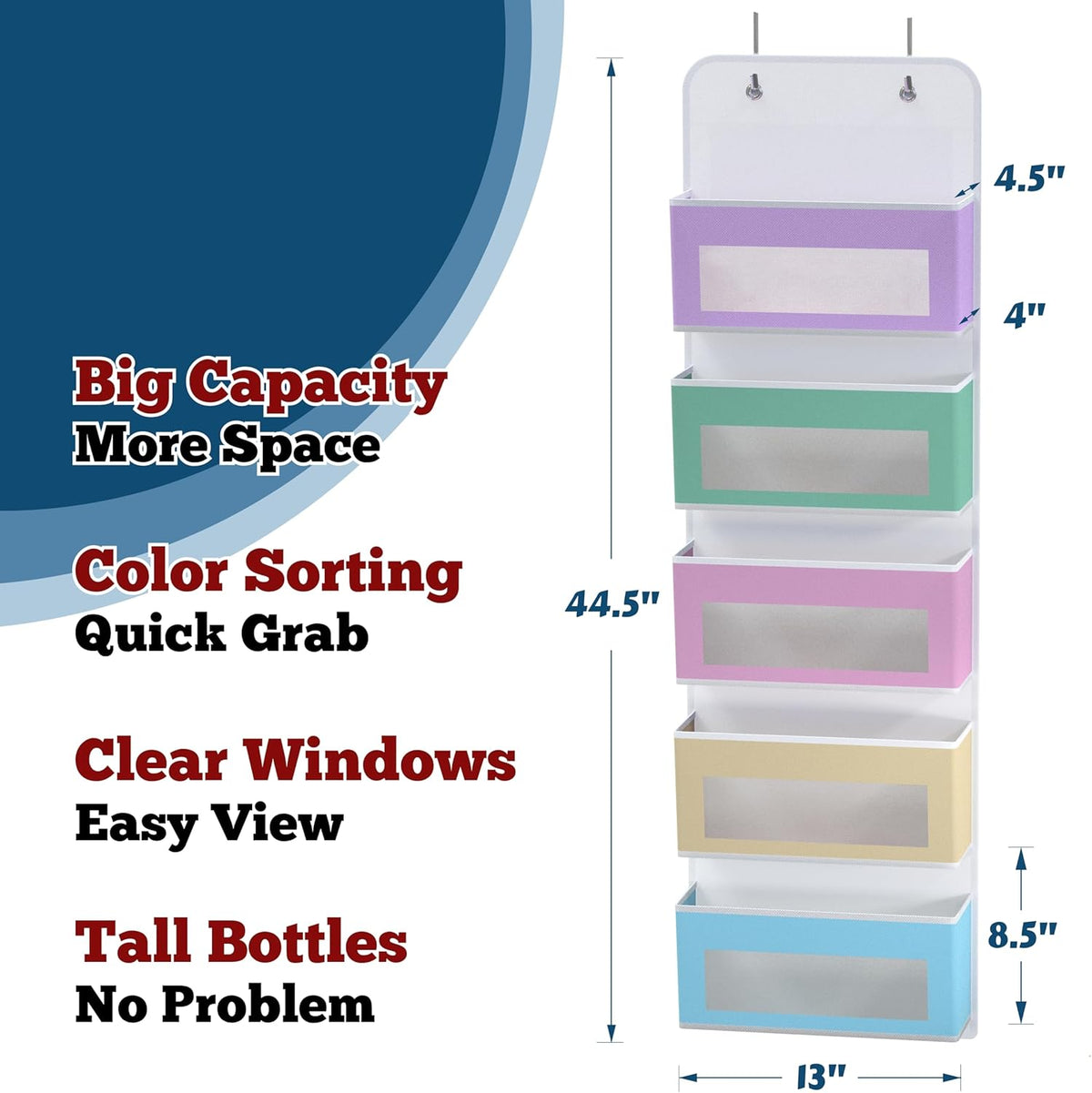 5 Clear Window Pocket Over Door Hanging Organizer, Gray