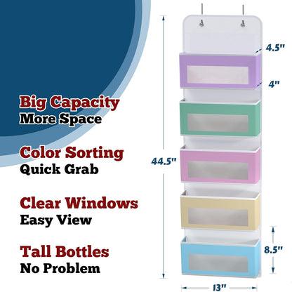 5 Clear Window Pocket Over Door Hanging Organizer, Gray