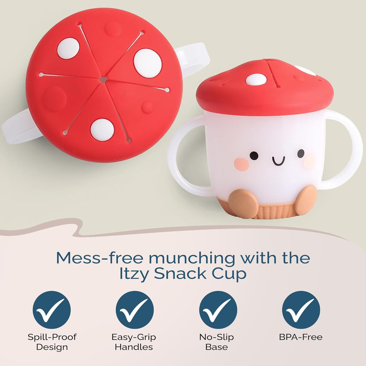 Toddler Snack Cup, Spill-Proof w/Soft Silicone Lid, Mushroom