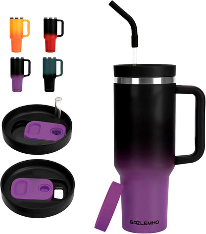 40oz Tumbler with Handle and Straw Spout 2-in-1 Lid, Spill Leak Proof Insulated Travel Cup Traveler Water Mug Keep Cold Hot, Dishwasher Safe Stainless Steel Bottle Gifts for Women Men, Ombre Orange