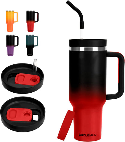 40oz Tumbler with Handle and Straw Spout 2-in-1 Lid, Spill Leak Proof Insulated Travel Cup Traveler Water Mug Keep Cold Hot, Dishwasher Safe Stainless Steel Bottle Gifts for Women Men, Ombre Orange