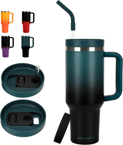 40oz Tumbler with Handle and Straw Spout 2-in-1 Lid, Spill Leak Proof Insulated Travel Cup Traveler Water Mug Keep Cold Hot, Dishwasher Safe Stainless Steel Bottle Gifts for Women Men, Ombre Orange