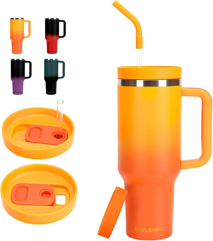 40oz Tumbler with Handle and Straw Spout 2-in-1 Lid, Spill Leak Proof Insulated Travel Cup Traveler Water Mug Keep Cold Hot, Dishwasher Safe Stainless Steel Bottle Gifts for Women Men, Ombre Orange