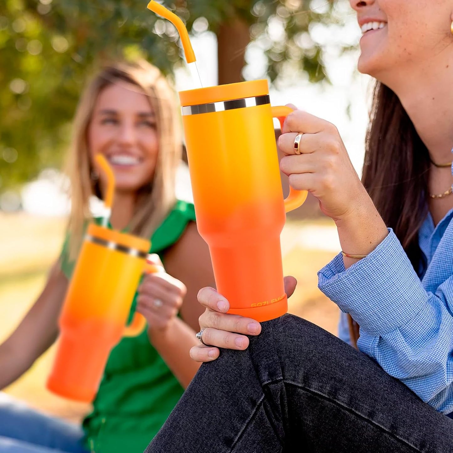 40oz Tumbler with Handle and Straw Spout 2-in-1 Lid, Spill Leak Proof Insulated Travel Cup Traveler Water Mug Keep Cold Hot, Dishwasher Safe Stainless Steel Bottle Gifts for Women Men, Ombre Orange