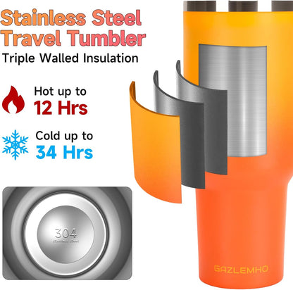 40oz Tumbler with Handle and Straw Spout 2-in-1 Lid, Spill Leak Proof Insulated Travel Cup Traveler Water Mug Keep Cold Hot, Dishwasher Safe Stainless Steel Bottle Gifts for Women Men, Ombre Orange