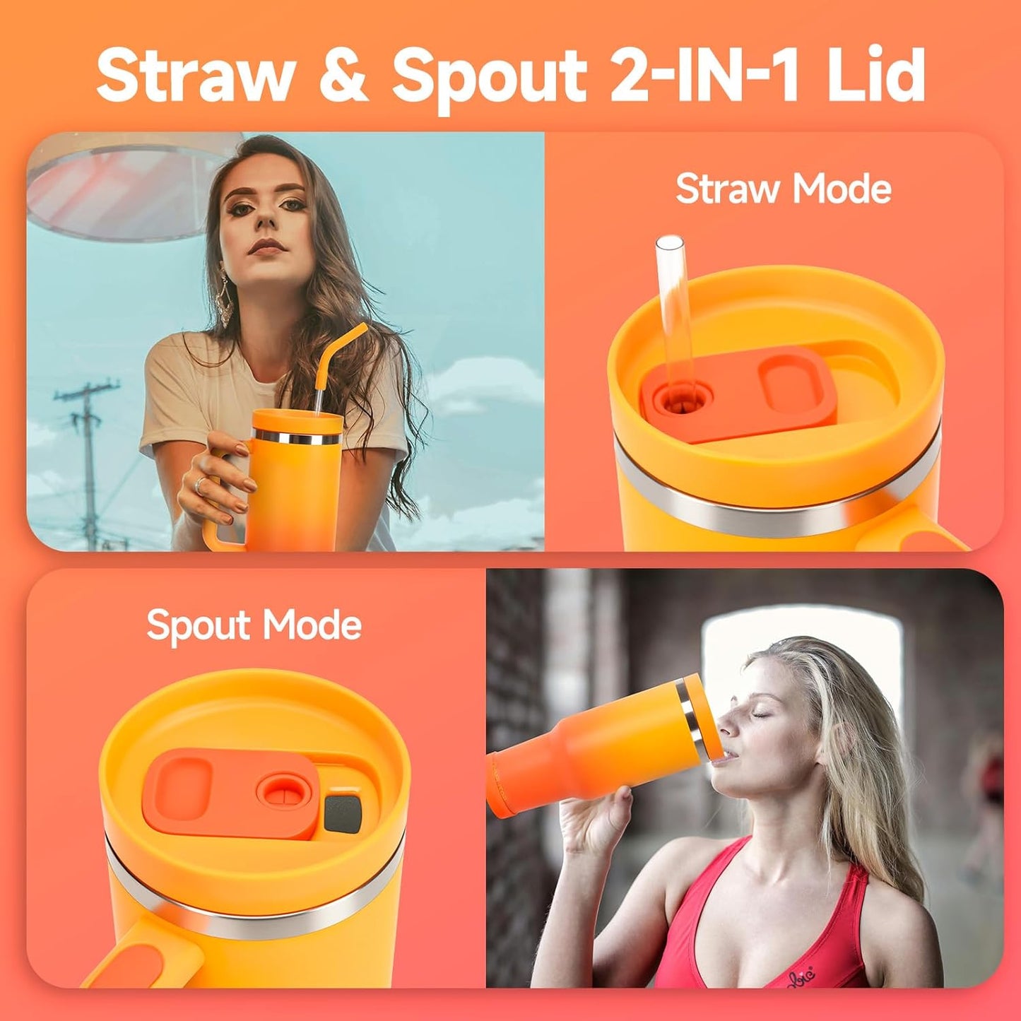 40oz Tumbler with Handle and Straw Spout 2-in-1 Lid, Spill Leak Proof Insulated Travel Cup Traveler Water Mug Keep Cold Hot, Dishwasher Safe Stainless Steel Bottle Gifts for Women Men, Ombre Orange