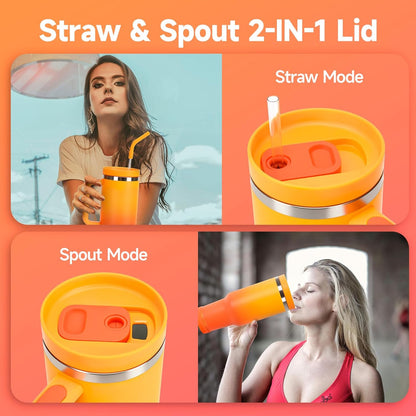 40oz Tumbler with Handle and Straw Spout 2-in-1 Lid, Spill Leak Proof Insulated Travel Cup Traveler Water Mug Keep Cold Hot, Dishwasher Safe Stainless Steel Bottle Gifts for Women Men, Ombre Orange