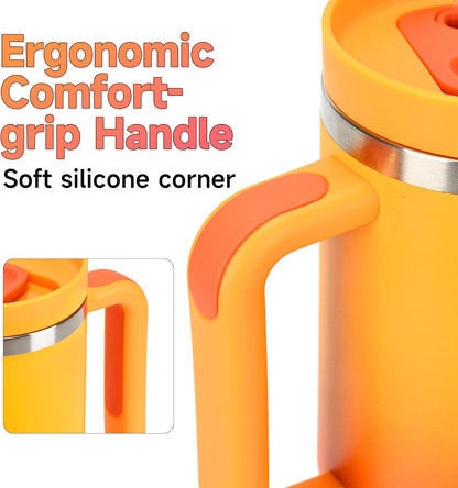 40oz Tumbler with Handle and Straw Spout 2-in-1 Lid, Spill Leak Proof Insulated Travel Cup Traveler Water Mug Keep Cold Hot, Dishwasher Safe Stainless Steel Bottle Gifts for Women Men, Ombre Orange