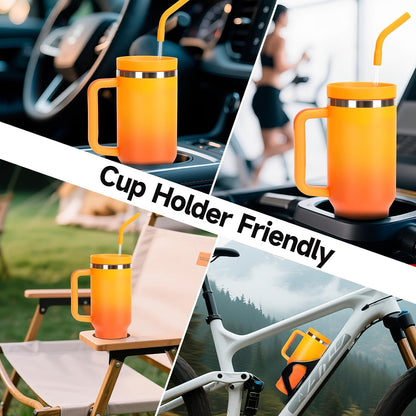 40oz Tumbler with Handle and Straw Spout 2-in-1 Lid, Spill Leak Proof Insulated Travel Cup Traveler Water Mug Keep Cold Hot, Dishwasher Safe Stainless Steel Bottle Gifts for Women Men, Ombre Orange